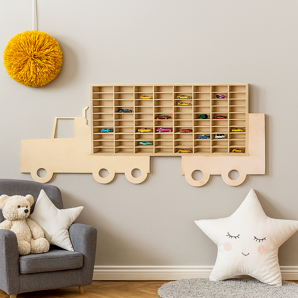 Raft organizator Montessori din lemn , Zola®, model camion, pentru colectionarii de masini, 80 compartimente, 79 x 40 x 4 cm Raft organizator Montessori din lemn , Zola®, model camion, pentru colectionarii de masini, 80 compartimente, 79 x 40 x 4 cm